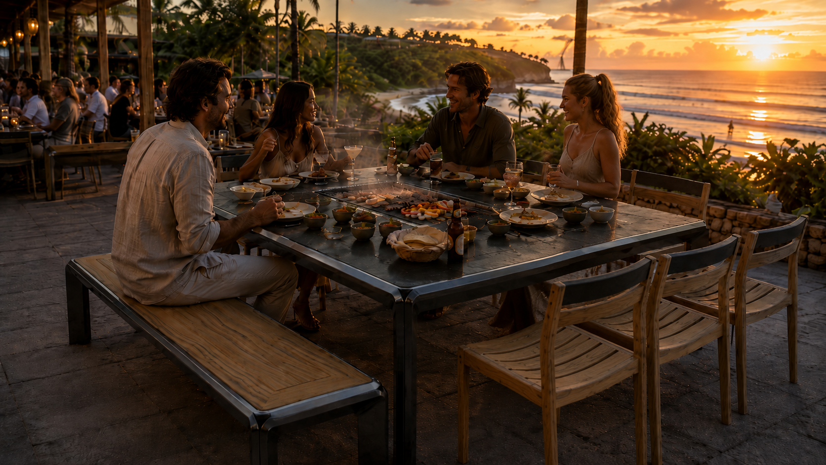 Guests sharing a meal around a Jaime Alexander Köjin BBQ table at sunset